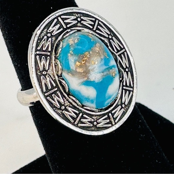 Vintage Jewelry - Vintage Faux Turquoise Ring Adjustable Silver-tone Southwestern Boho Statement
